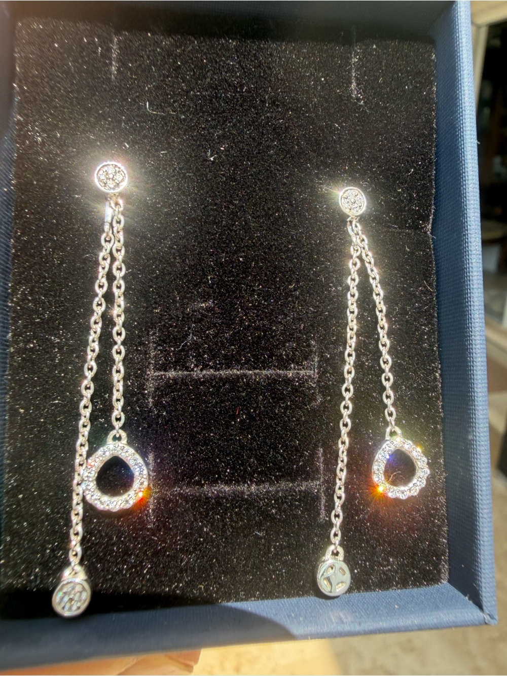 Sterling Silver Drop Chain Earrings with Natural Diamond Circles - Silver